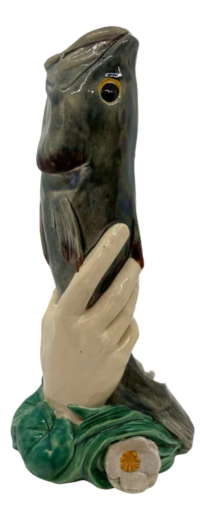 Minton Majolica Hand Holding Fish Vase, Bulrushes and Water Lilies, Dated 1868