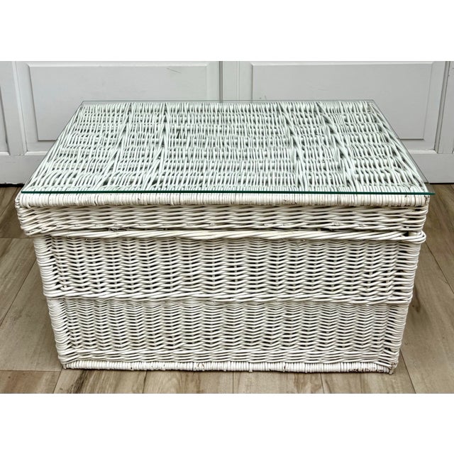 Vintage White Wicker Blanket Chest Coffee Table With Glass Top For Sale - Image 11 of 12