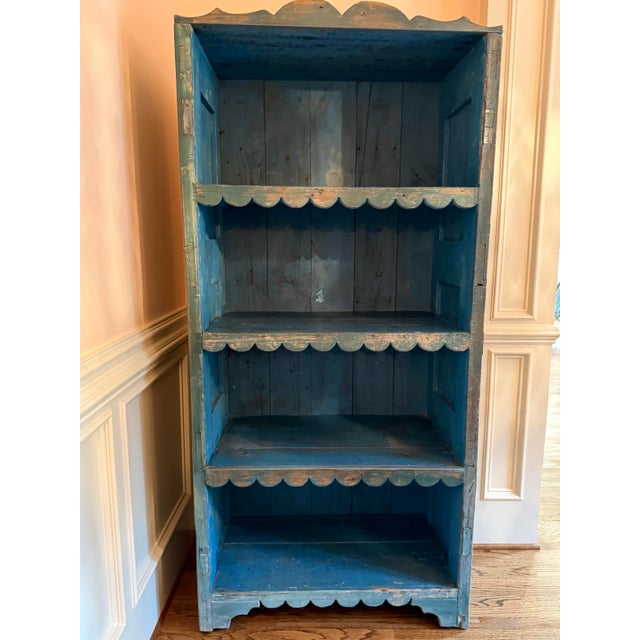Antique Primitive Blue Painted Open Cupboard With Scalloped Shelves – 80”h For Sale In Atlanta - Image 6 of 8
