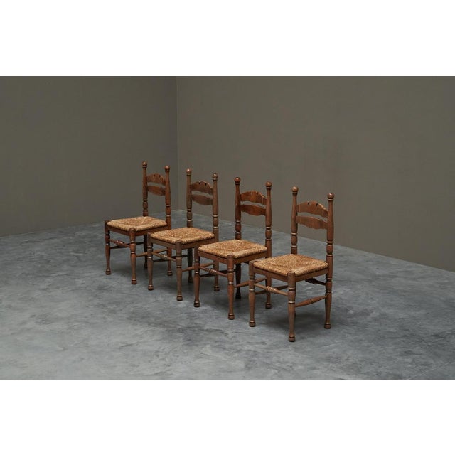 Whimsical Chairs in Oak and Rush, 1940s, Set of 4 For Sale - Image 4 of 13