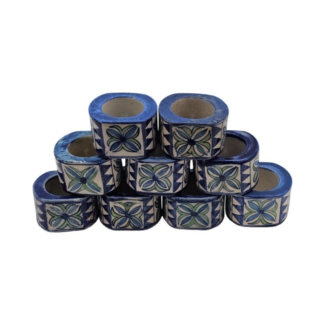 Late 20th Century Late 20th Century Mexican Talavera Hand-Painted Pottery Napkin Rings Set of 9 2" For Sale - Image 5 of 11