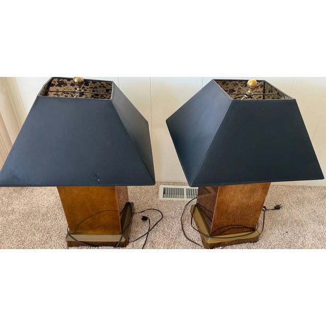 1970s Chapman Mfg. Geometric Patinated Metal Table Lamps With Black Shades - a Pair For Sale - Image 9 of 13