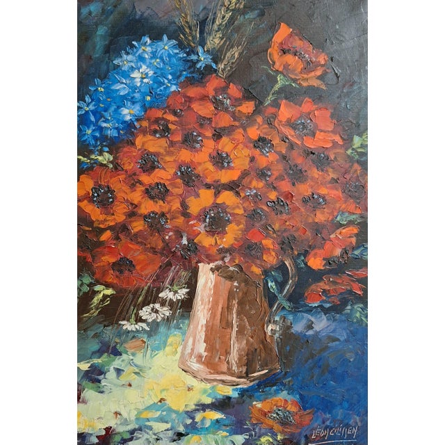 Leon Cilissen, Floral Still Life with Poppies and Delphiniums, 1959, Oil Painting on Canvas, Framed For Sale - Image 3 of 5
