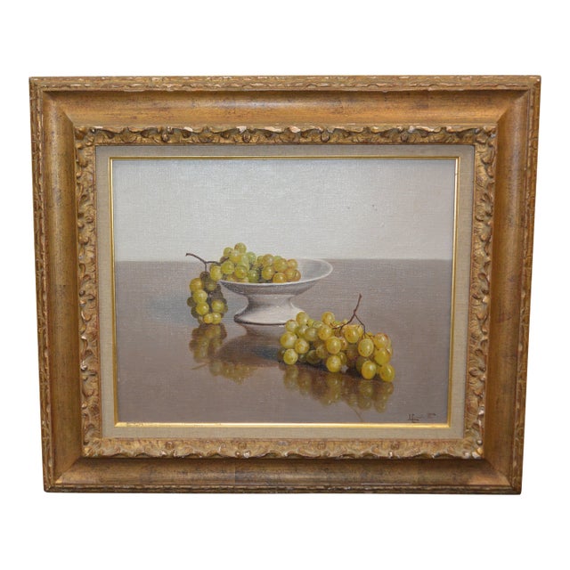 Vintage Gold Wood Framed Leonardo Cominotto Italy (1898-1966) Still Life Oil Painting Grapes For Sale