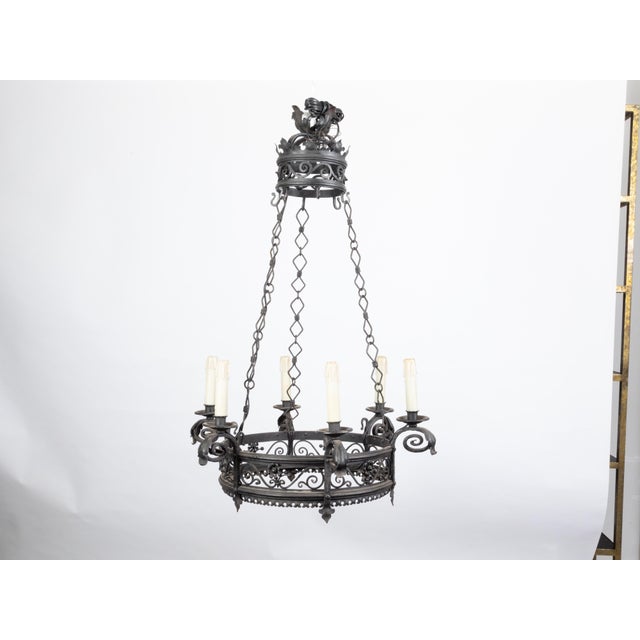 Metal 1900s French Turn of the Century Iron Chandelier with Six Lights and Scrollwork For Sale - Image 7 of 10