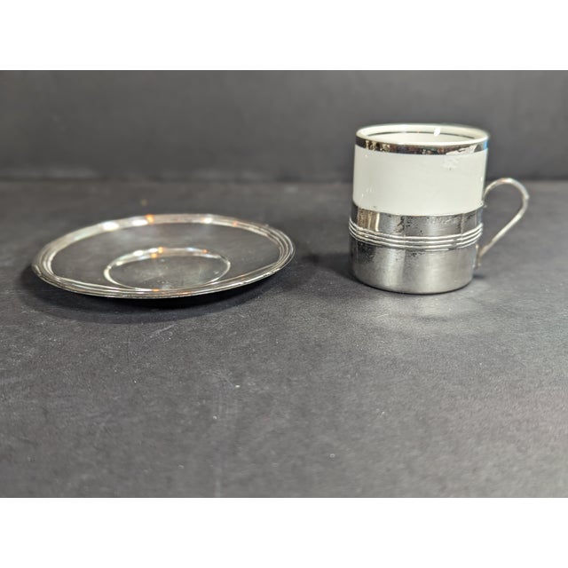 Metal 4 Vintage 1980"s Porcelain and Silverplate Demitasse Espresso Cups, and Saucers, Brazil, Fb Rogers Silver For Sale - Image 7 of 10