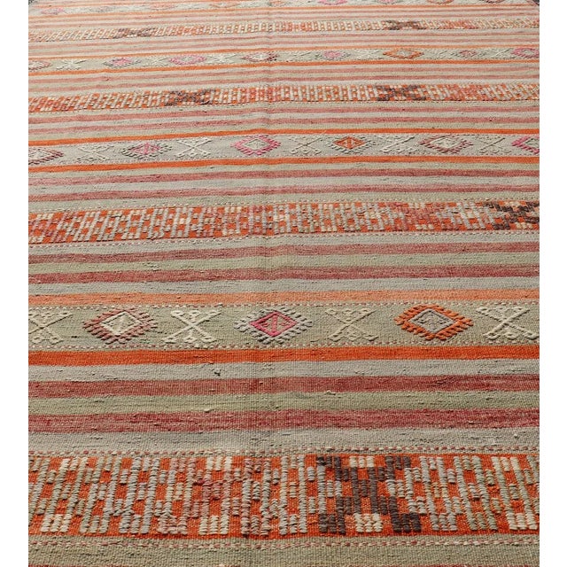 Mid 20th Century Vintage Turkish Kilim With Colorful Stripes in Orange Lt. Green Red & Gray For Sale - Image 4 of 13