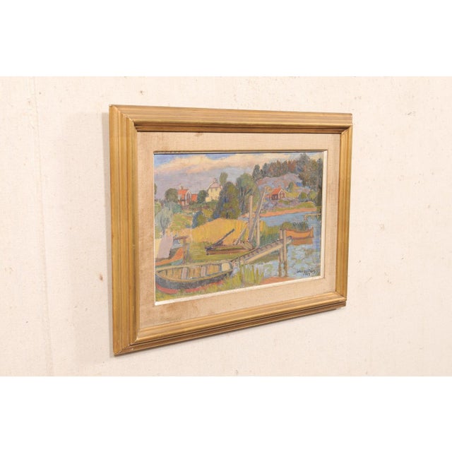 Swedish Waterfront Village Painting, c.1957 For Sale - Image 12 of 12