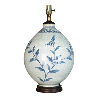 Late 20th Century Large Vase Crackle Glaze Hand Painted Pottery Lamp For Sale