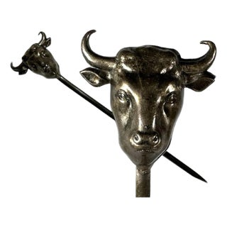Antique Silver Plate Bovine Skewer: French Figural Food Ornament For Sale