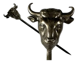 Antique Silver Plate Bovine Skewer: French Figural Food Ornament