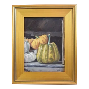 Country Farmhouse Fall Autumn Harvest Pumpkins Oil Painting Displayed in a Custom Antiqued Gold Wood Frame