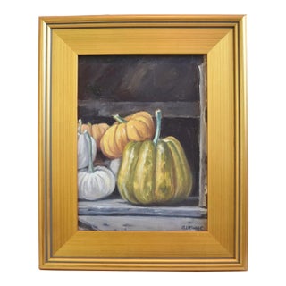 Country Farmhouse Harvest Pumpkins Oil Painting Displayed in a Custom Antiqued Gold Wood Frame For Sale