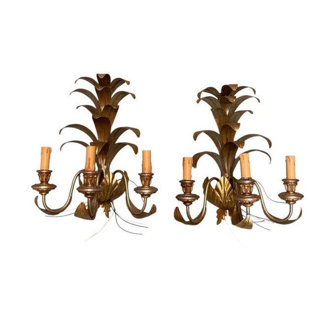 2000 - 2009 Pair of Vintage Gilt Metal Pineapple Wall Sconces For Sale - Image 5 of 12
