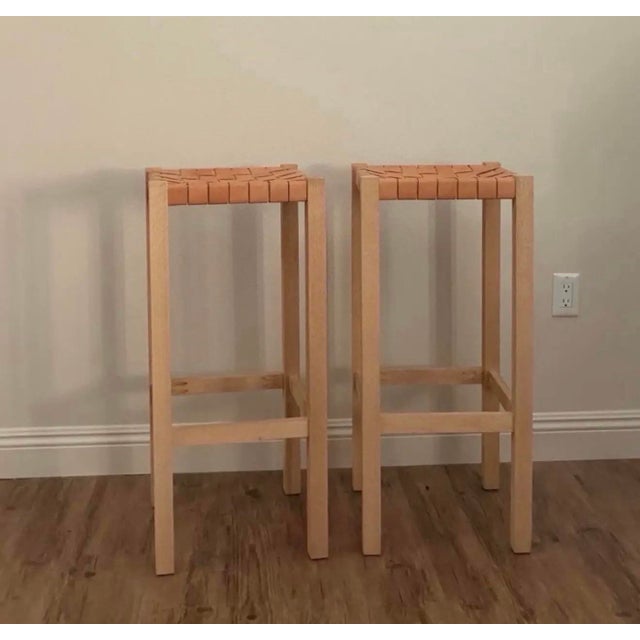 Wood Pair of Oak and Woven Leather Bar Stools For Sale - Image 7 of 8