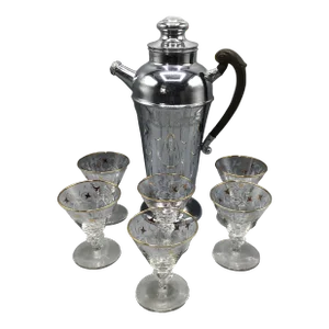 Vintage Chromium Tea Pot Style Cocktail Mixer and 6 Libbey Royal Fern Seville Tulip Cocktail Glasses - Set of 7