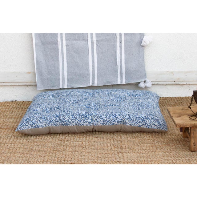 Hand Block Printed Blue & White Jodhpur Garden Floor Cushion For Sale - Image 4 of 6