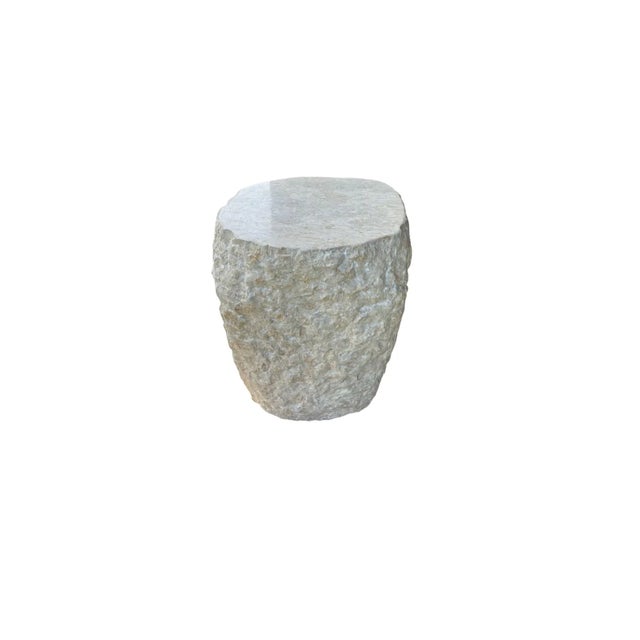 Cream Natural Solid Marble Side Table With Chiselled Finish and Smooth Top For Sale - Image 8 of 10