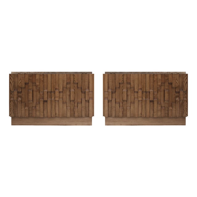 Vintage Italian Sideboards in Oak and Travertine, 2000, Set of 2 For Sale