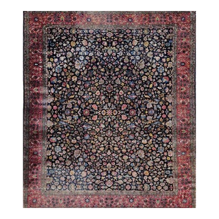 Antique Indian Agra Rug, Handwoven Wool, Allover Floral Design, Navy & Red, 9x12 For Sale