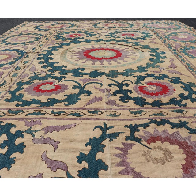 Antique Uzbekistan Suzani Textile With Medallion and Floral Vine Embroidery For Sale - Image 11 of 17