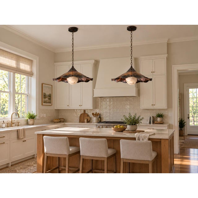 Ruffle Brass Pendant Light, Wavy Kitchen Island Lamp With Alabaster Globe For Sale - Image 12 of 15