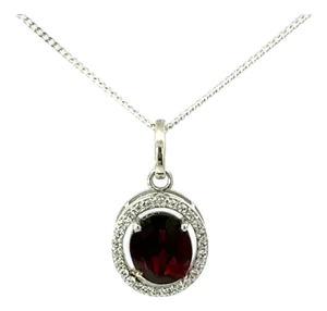12X9mm Red Garnet Solitaire Halo Pendant in 925 Silver With Sparkling Zirconia Accents- Birthday Gift
