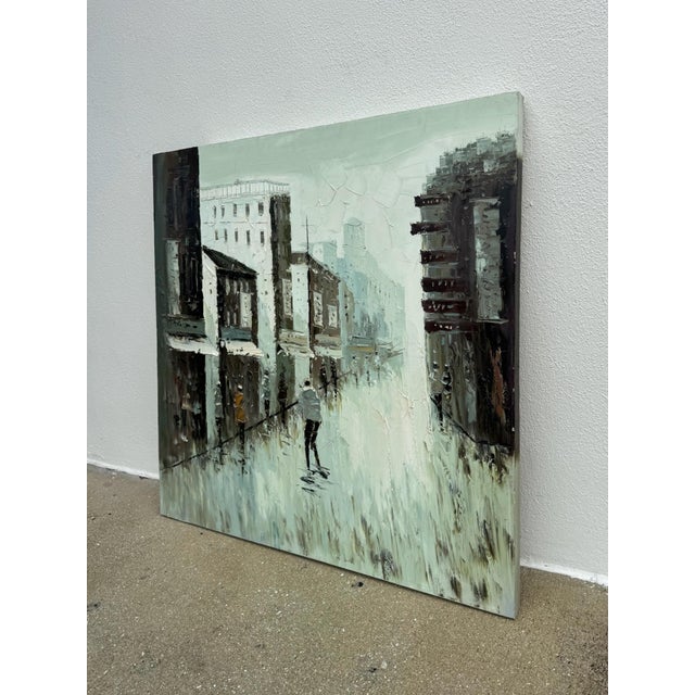 Industrial Rainy Cityscape Oil Painting Brutalist Impasto Figurative Street Scene For Sale - Image 3 of 10