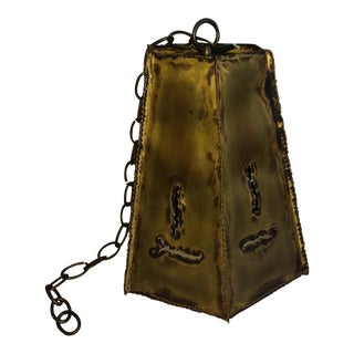 1970s Vintage Brutalist Torch Cut Patinated Brass Pendant Light For Sale