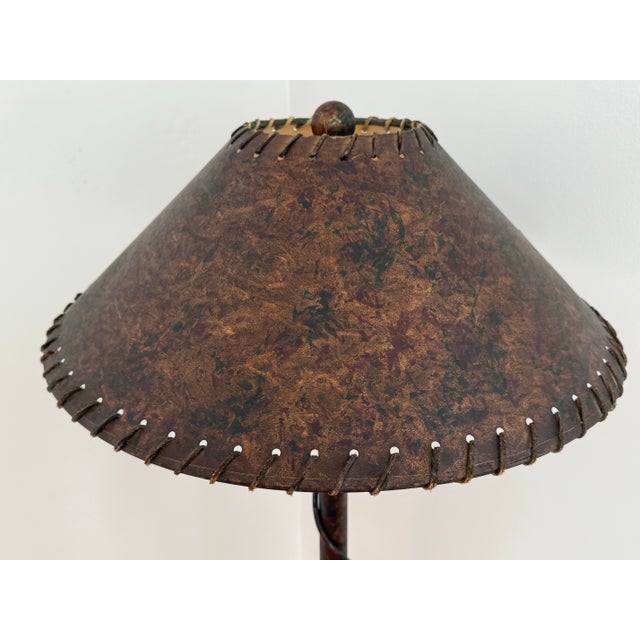 Mid 20th Century Arts & Crafts Style Wrought Iron Floor Lamp on Tripod Legs With Original Shade For Sale - Image 5 of 12