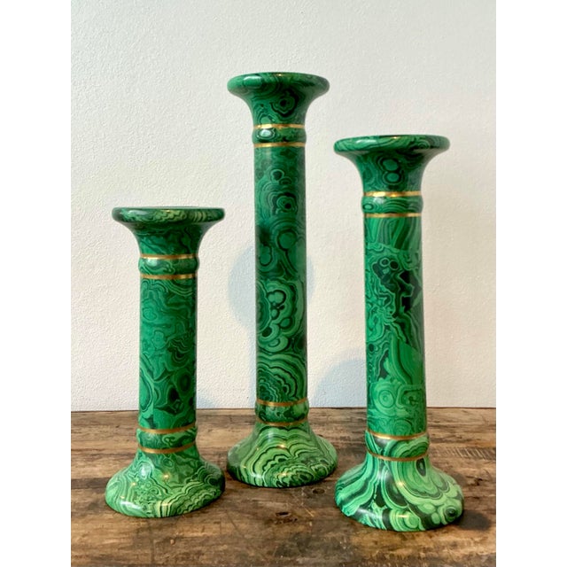 Vintage Italian Oggetti Faux Malachite Candlesticks - Set of 3 For Sale - Image 11 of 12