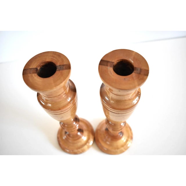 Pair of Vintage Turned Wood Bird's Eye Maple Candlesticks For Sale - Image 4 of 6