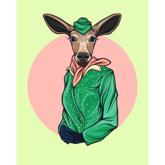 This artwork features a deer dressed in a vibrant green outfit, complete with a matching hat and a playful scarf, set...