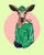 This artwork features a deer dressed in a vibrant green outfit, complete with a matching hat and a playful scarf, set...