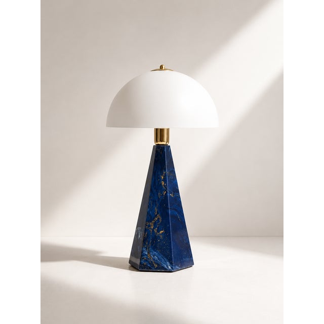 1990s Postmodern Art Deco Revival Italian Prisma Table Lamps in Blue Marble and Opal Glass, 1990s, Set of 2 For Sale - Image 5 of 6