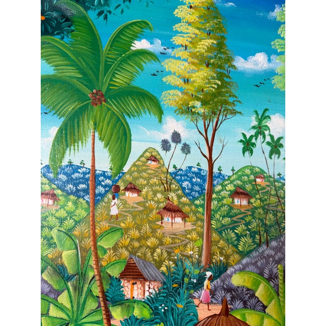 Green Vintage Michelet Haitian Folk Art Tropical Village Scene Landscape Oil Painting – Framed For Sale - Image 8 of 16