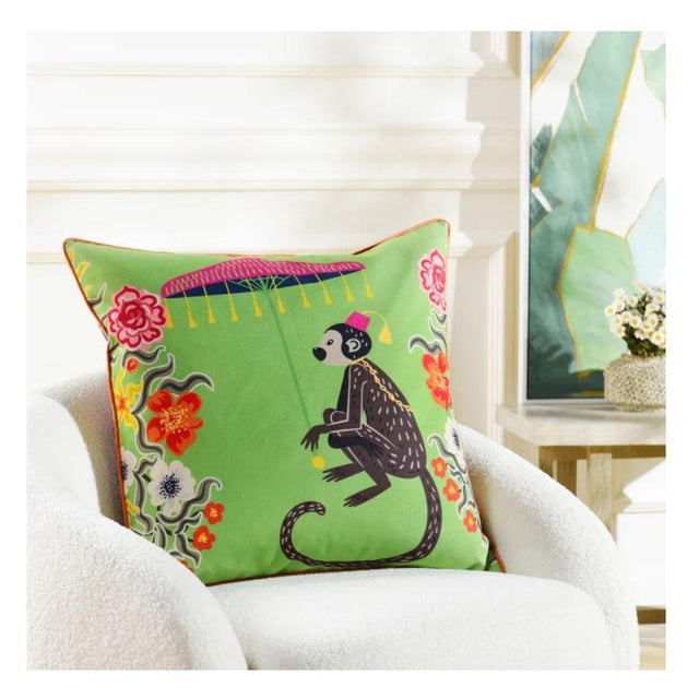 Kenneth Ludwig Chicago Green Monkey & Leopard 24" Down Pillow For Sale - Image 4 of 6