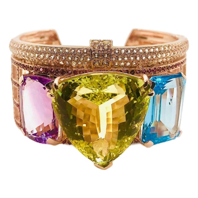 Bochic ‘Capri’ Vintage Natural Amethyst, Lemon Topaz & Blue Topaz Bangle In 18K For Sale