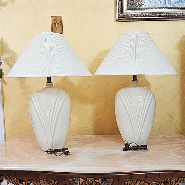 Late 20th Century Pair of Vintage White Art Deco Ceramic Table Lamps With Pleated Shades – 27” For Sale - Image 5 of 18