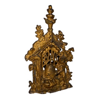 Antique 19th Century Victorian Cast Iron Bear & Beehive Original Still Coin Bank For Sale