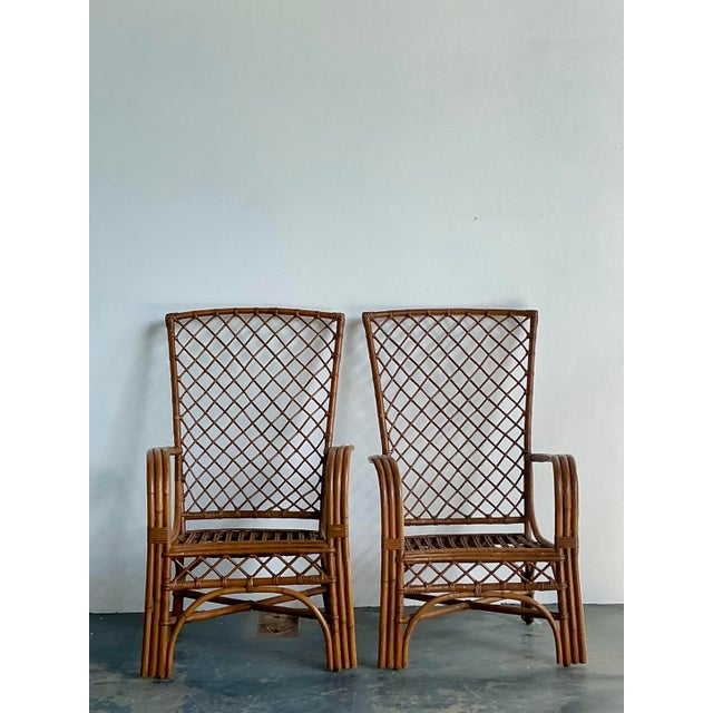 Sienna Vintage Boho High Back Trellis Rattan Lounge Chairs - A Pair For Sale - Image 8 of 12