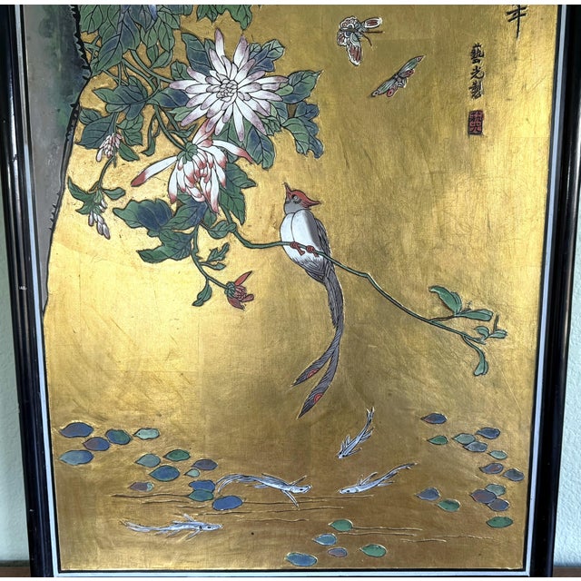Chinese Early 20th Century Gold Painted Chinese Wood Carved Relief Panel Bird Koi and Floral Motif For Sale - Image 3 of 14