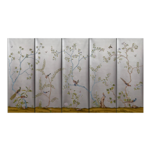 Chinoiserie Murals Hand Painted Wallpaper on Silver Metallic - 5 Panels