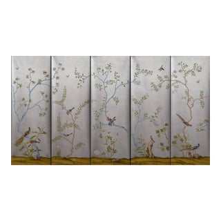 Hand-Painted Chinoiserie Silver Leaf Wallpaper Panels With Birds & Botanical Branches – Set of 5 For Sale