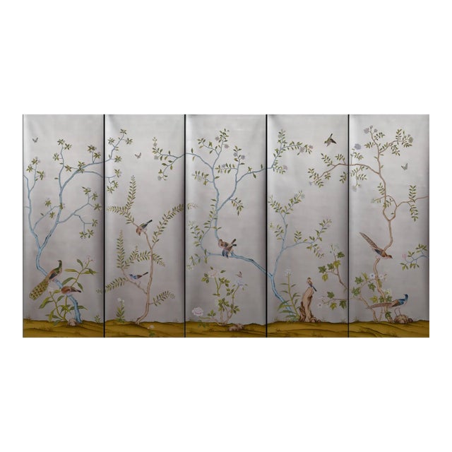 Hand-Painted Chinoiserie Silver Leaf Wallpaper Panels With Birds & Botanical Branches – Set of 5 For Sale