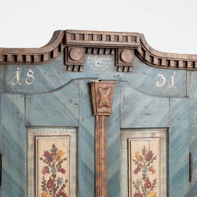 19th Century 1831 Hungarian Original Blue Hand-Painted Pine Armoire For Sale - Image 5 of 13