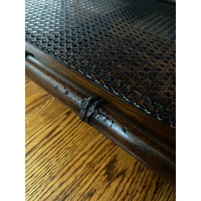Vintage Mid-Century Faux Bamboo Walnut Coffee Table With Cane Shelf & Casters For Sale - Image 12 of 16