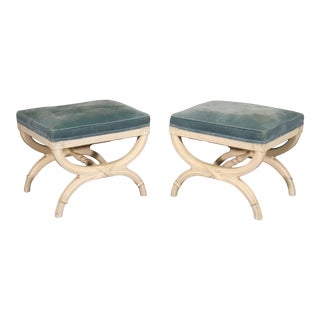 Pair of White Painted Curule Style French Louis XVI Style Foot Stools Ottomans For Sale