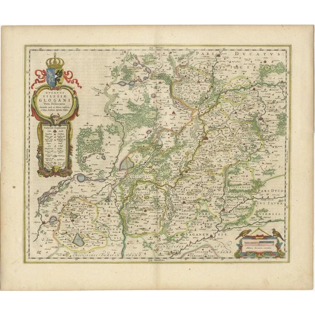 Antique map titled 'Ducatus Silesiae Glogani vera delineatio'. This decorative map shows the Odra River valley based on...