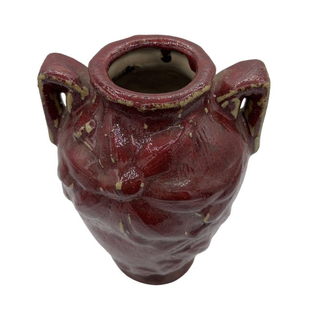 Ceramic 1960s Red Art Pottery Vase With Dual Handles & Sculpted Floral Relief For Sale - Image 7 of 9